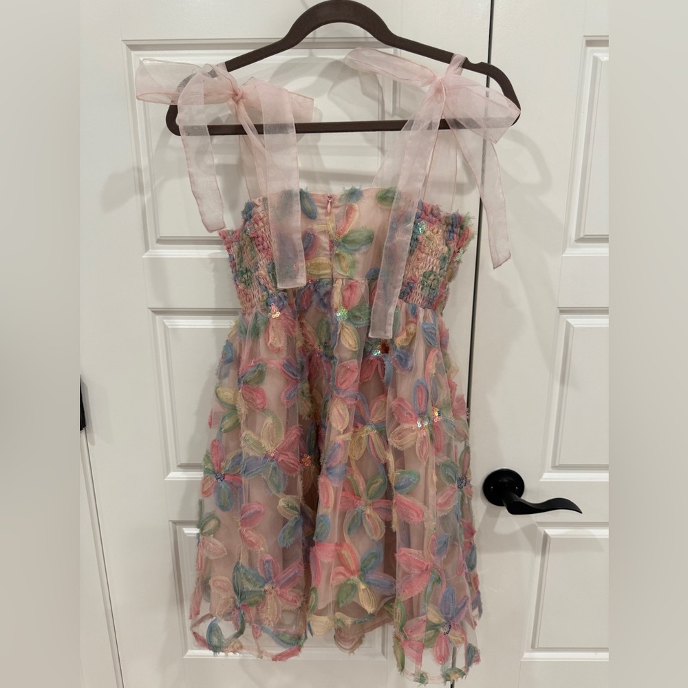 Day + Moon Blush Embroidered Floral Pastel Dress with Bow Straps - Picture 4 of 7